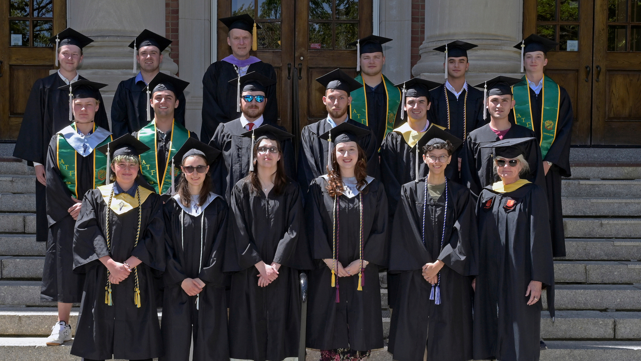 The 2026 graduating class of the Stockbridge School of Agriculture on the school's steps